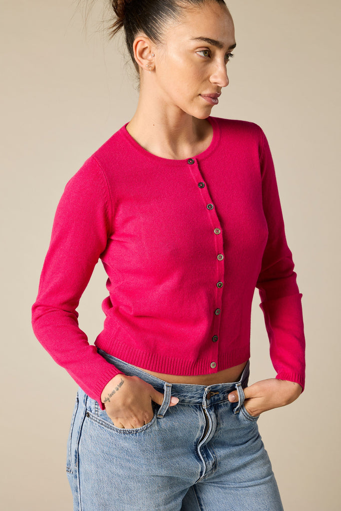 Sonya Hopkins 100% pure cashmere crew cardigan in hot pink