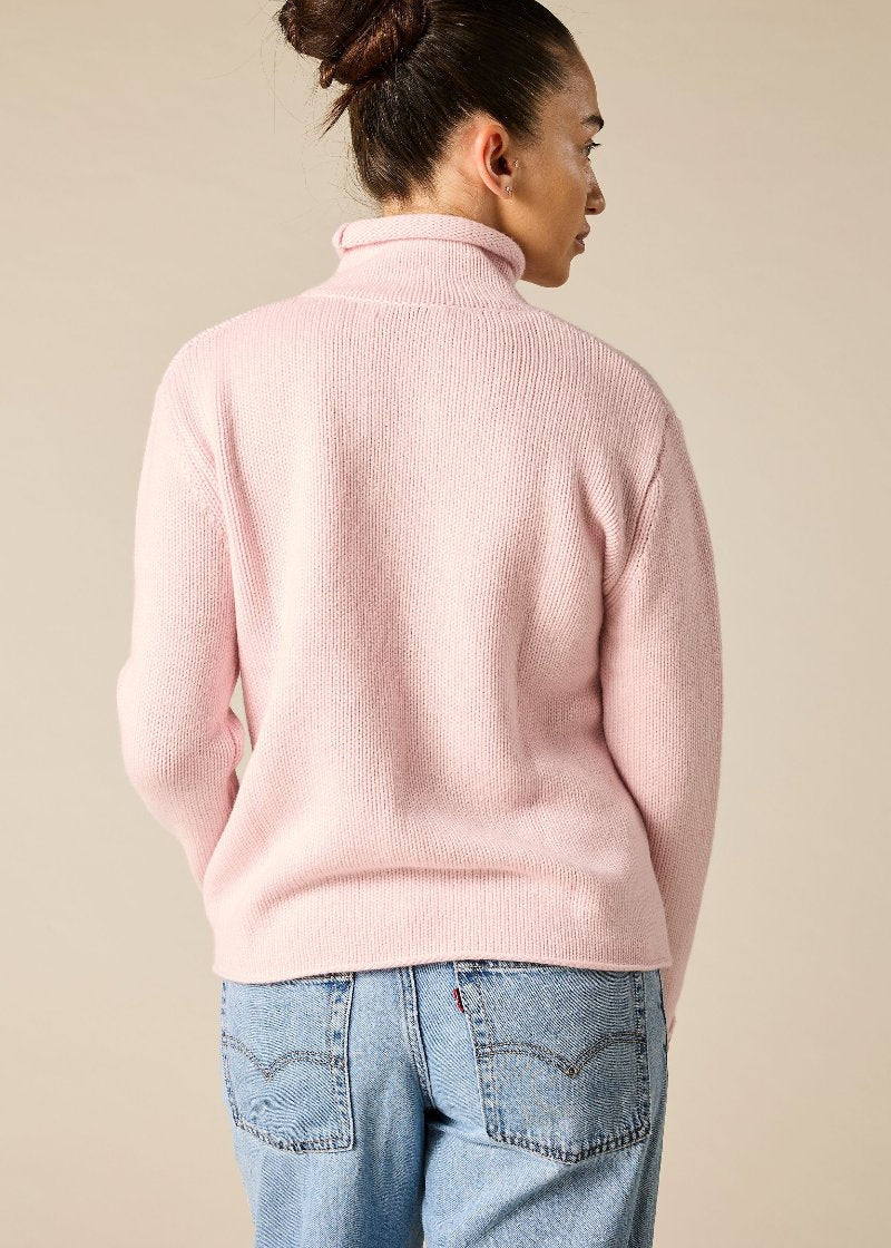 Pure cashmere boxy relaxed funnel neck knit in prettiest pink - sonyahopkins.com