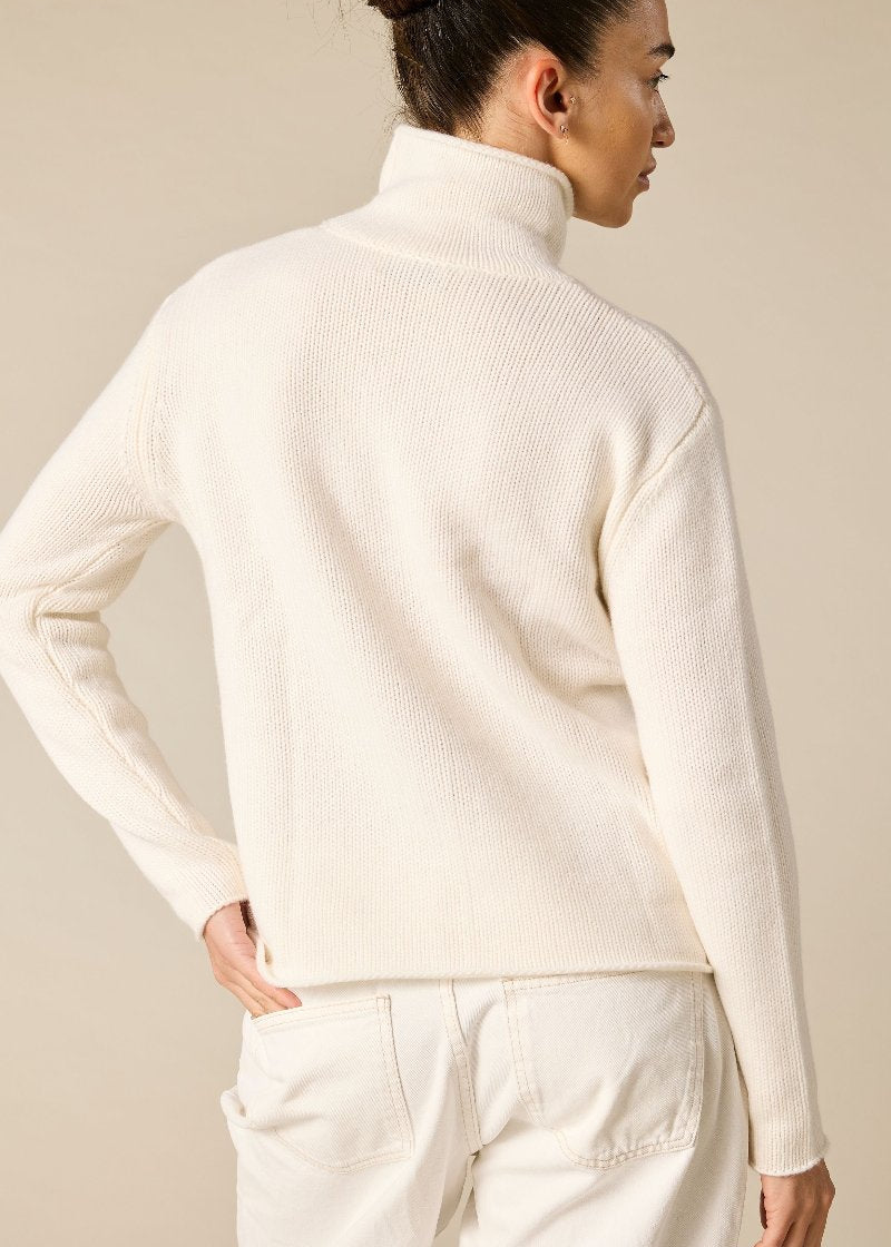 Pure cashmere boxy relaxed funnel neck knit in the winter white - sonyahopkins.com