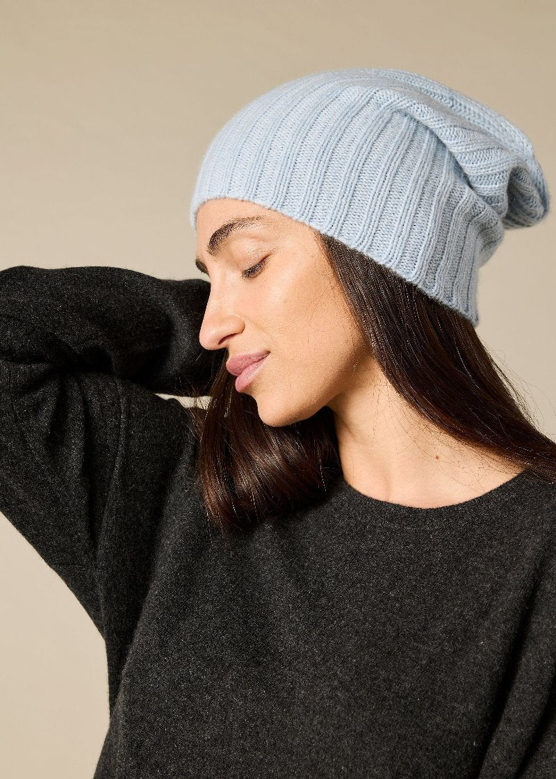 Sonya Hopkins pure cashmere rib beanie in baby blue marle