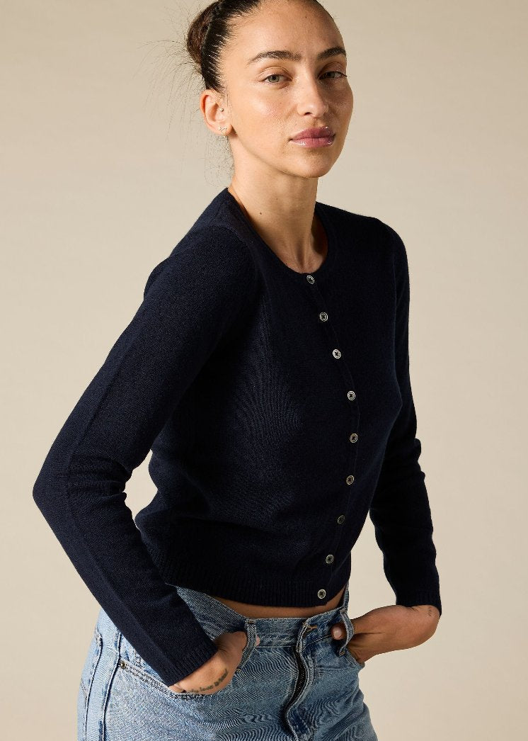 Sonya Hopkins 100% pure cashmere crew cardigan in ink