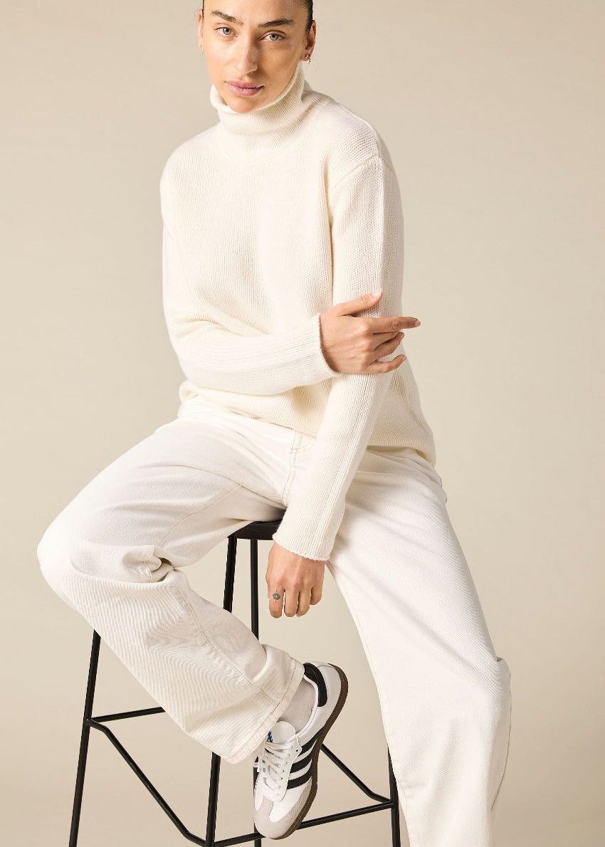 Pure cashmere boxy relaxed funnel neck knit in the winter white - sonyahopkins.com