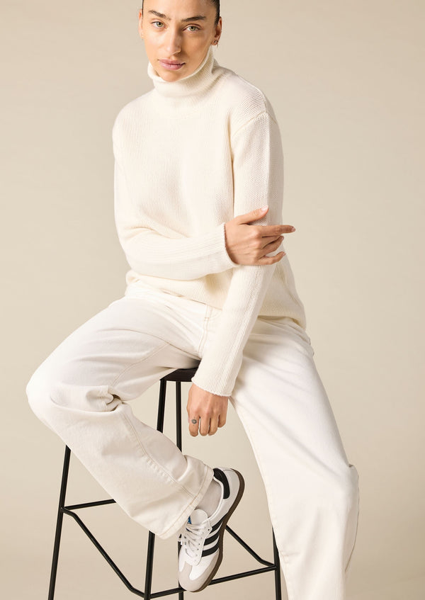 Sonya Hopkins 100% cashmere boxy relaxed funnel neck knit in the winter white