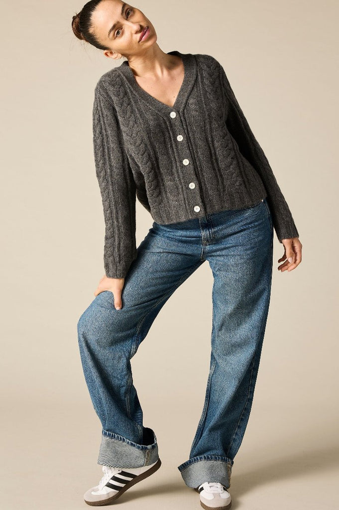 Sonya Hopkins pure cashmere Cashmere Elouise Cable knit Cardigan in charcoal grey marle