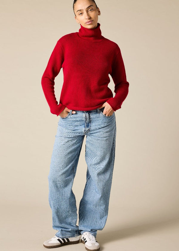 100% cashmere boxy relaxed funnel neck knit in garnet red - sonyahopkins.com