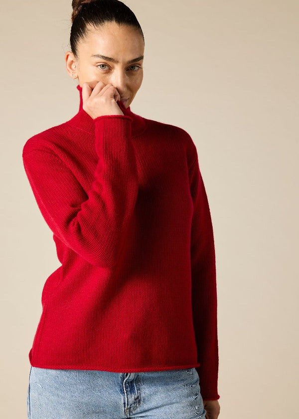 100% cashmere boxy relaxed funnel neck knit in garnet red - sonyahopkins.com