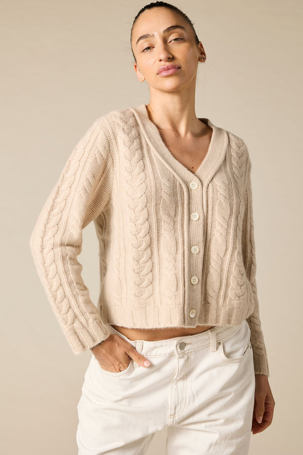 Sonya Hopkins pure cashmere Cashmere Elouise Cable knit Cardigan in pale marle beige
