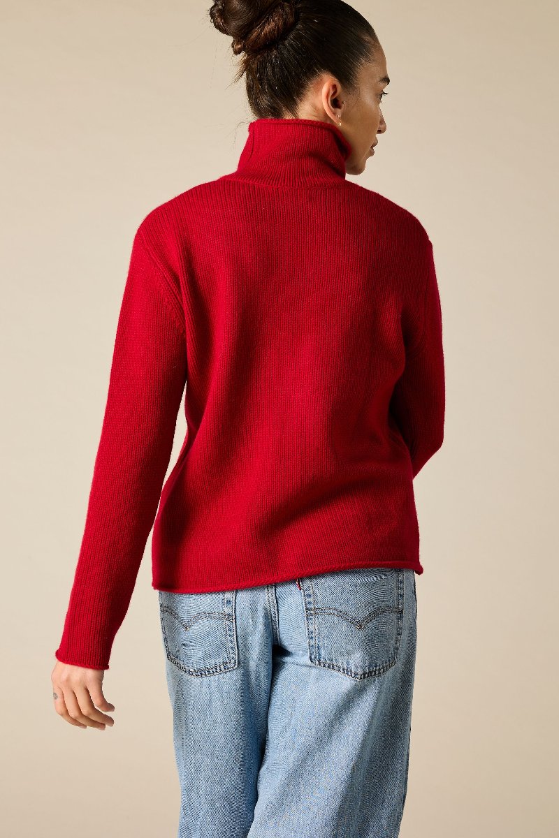 100% cashmere boxy relaxed funnel neck knit in garnet red - sonyahopkins.com