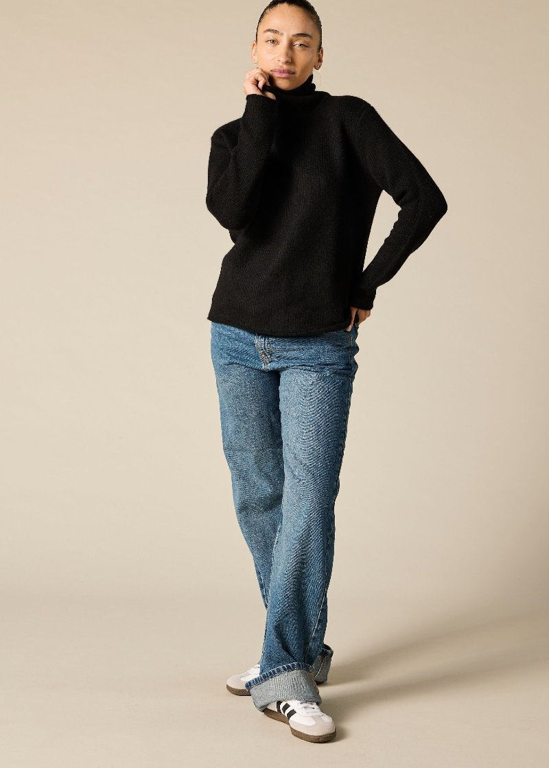 Pure  cashmere boxy relaxed funnel neck knit in the black - sonyahopkins.com