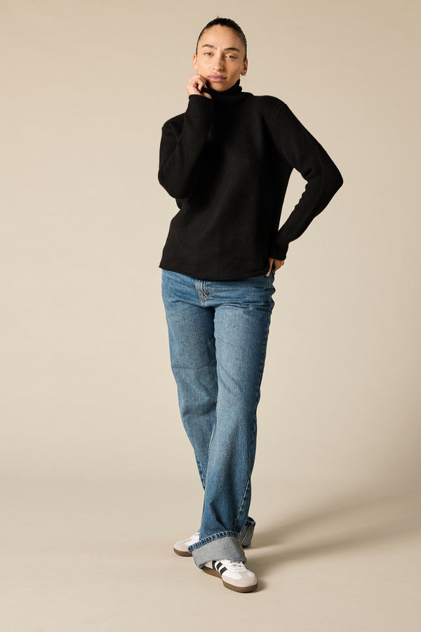 Sonya Hopkins 100% cashmere boxy relaxed funnel neck knit in the black