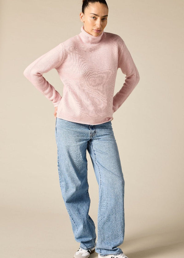 Pure cashmere boxy relaxed funnel neck knit in prettiest pink - sonyahopkins.com