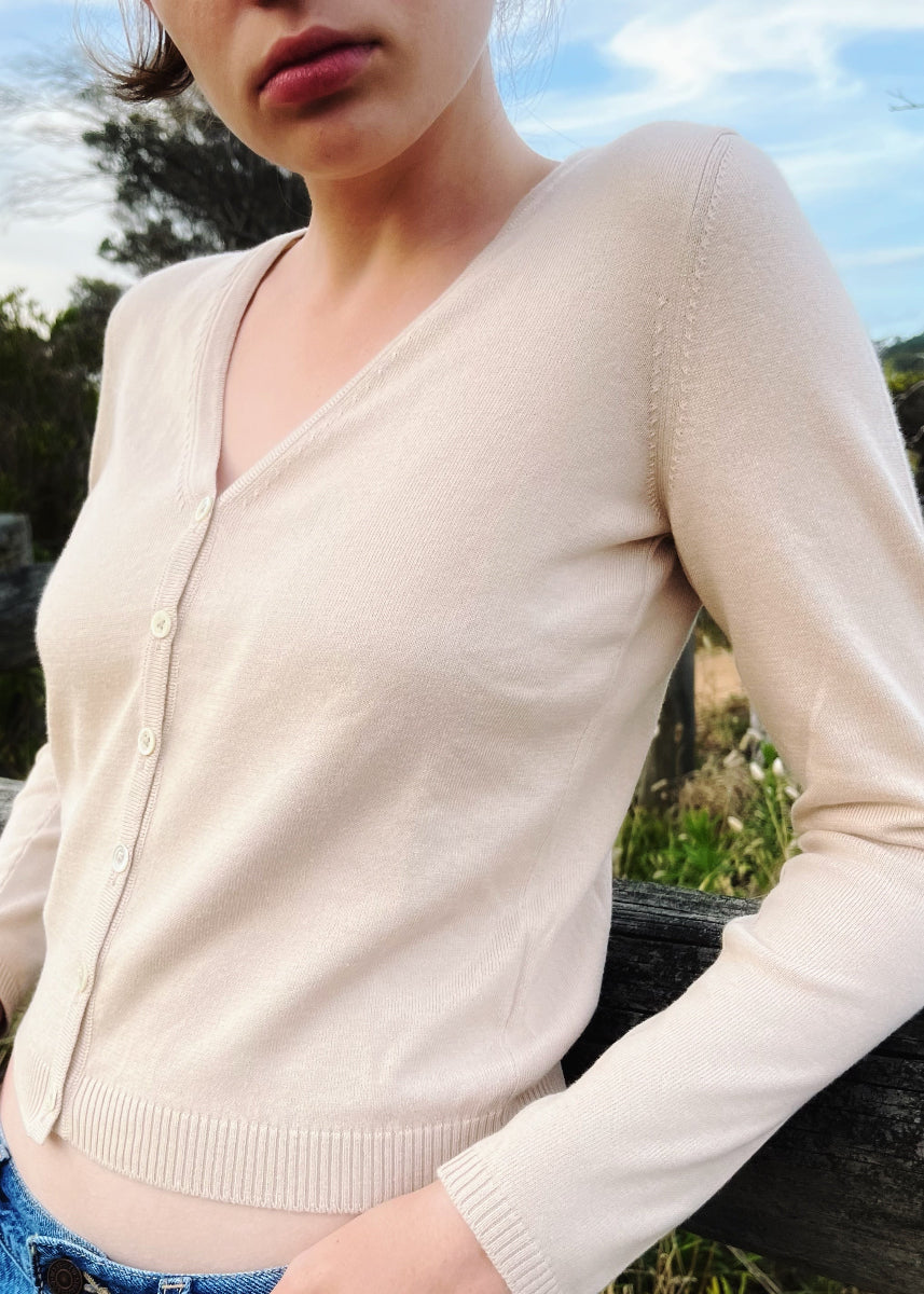 Sonya Hopkins 100% pure Italian mercerised cotton V cardigan in light beige
