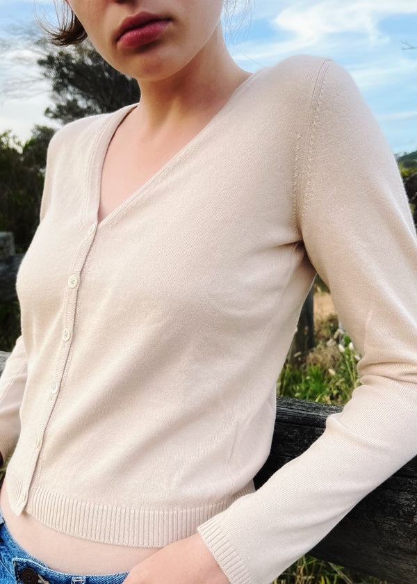 Sonya Hopkins 100% pure Italian mercerised cotton V cardigan in light beige
