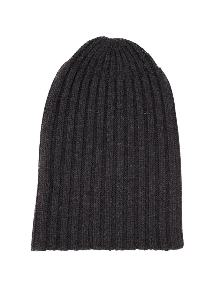 Sonya Hopkins pure cashmere rib beanie in dark charcoal marle grey