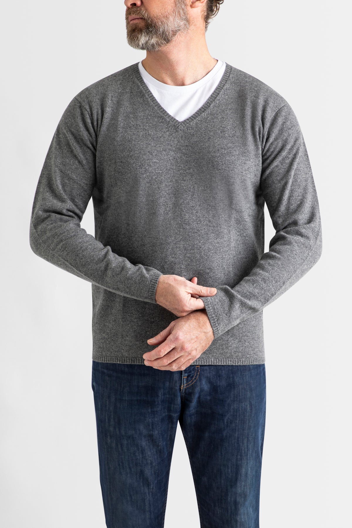 Charcoal Men's 100% Cashmere Long Sleeve Pullover V Neck Sweater