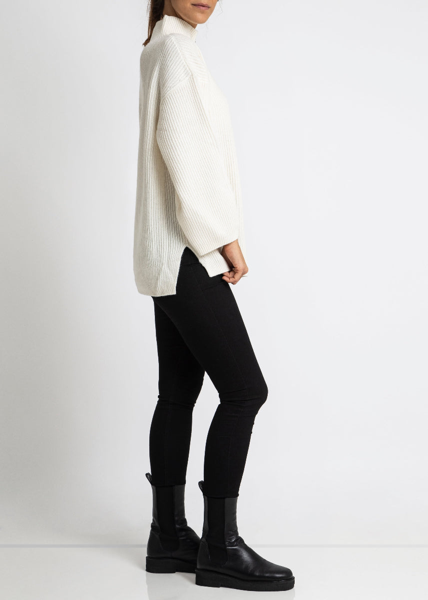 Sonya Hopkins 100% cashmere zip rib knit in winter white
