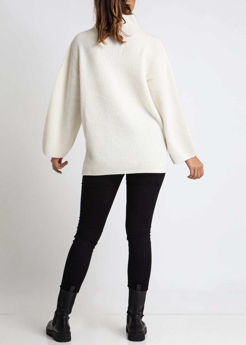 Sonya Hopkins 100% cashmere zip rib knit in winter white