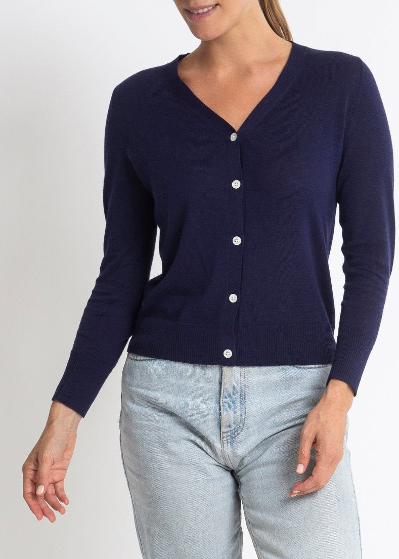 Sonya Hopkins 95% cotton 5% cashmere Superfine v-neck cardigan in royal blue