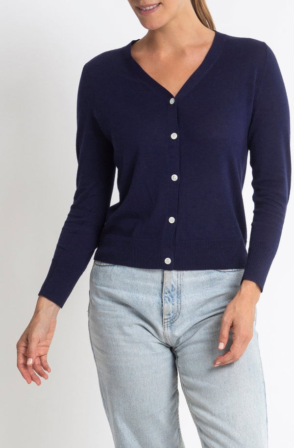 Sonya Hopkins 95% cotton 5% cashmere Superfine v-neck cardigan in royal blue