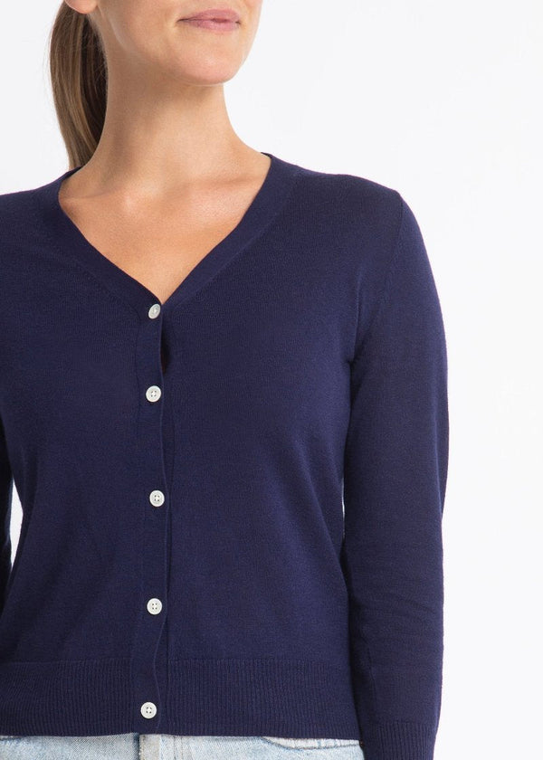 Sonya Hopkins 95% cotton 5% cashmere Superfine v-neck cardigan in royal blue