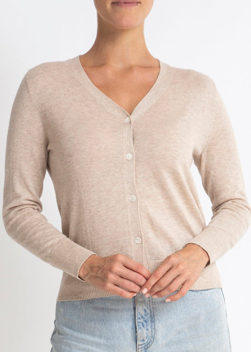 Sonya Hopkins 95% cotton 5% cashmere superfine v-neck cardigan in pale marle beige