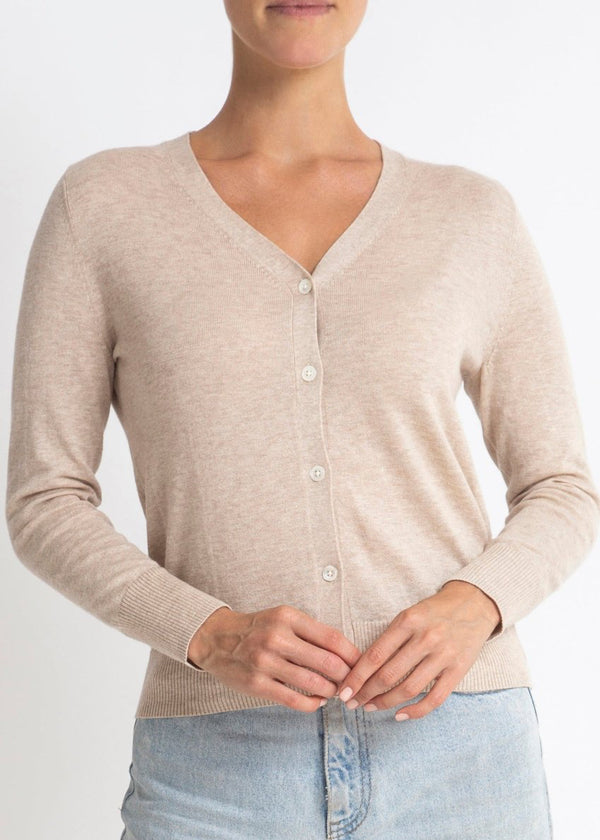 Sonya Hopkins 95% cotton 5% cashmere superfine v-neck cardigan in pale marle beige