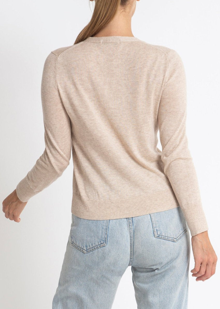 Sonya Hopkins 95% cotton 5% cashmere superfine v-neck cardigan in pale marle beige