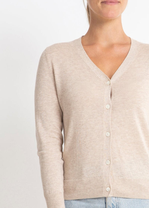 Sonya Hopkins 95% cotton 5% cashmere superfine v-neck cardigan in pale marle beige