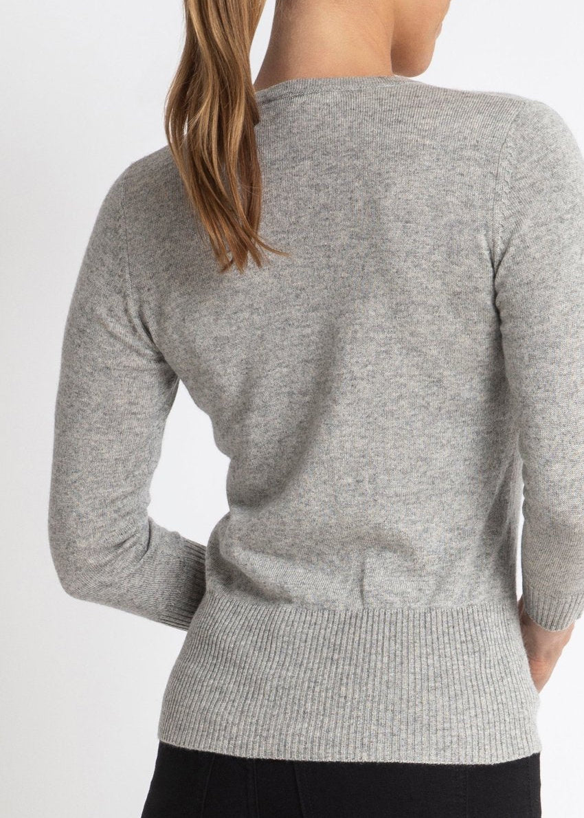 Sonya Hopkins 55% silk 45% cashmere v-neck cardigan in pale marle grey