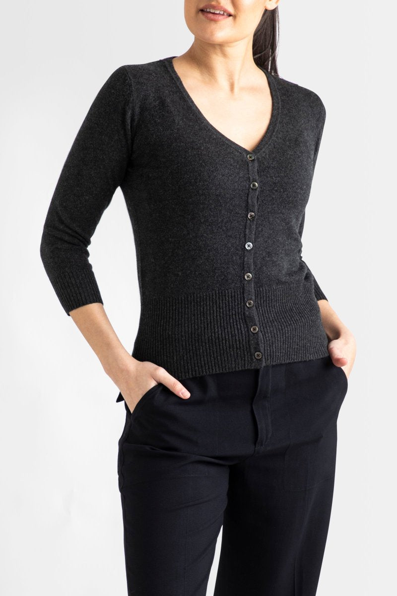 Sonya Hopkins 55% silk 45% cashmere v-neck cardigan in dark charcoal marle grey