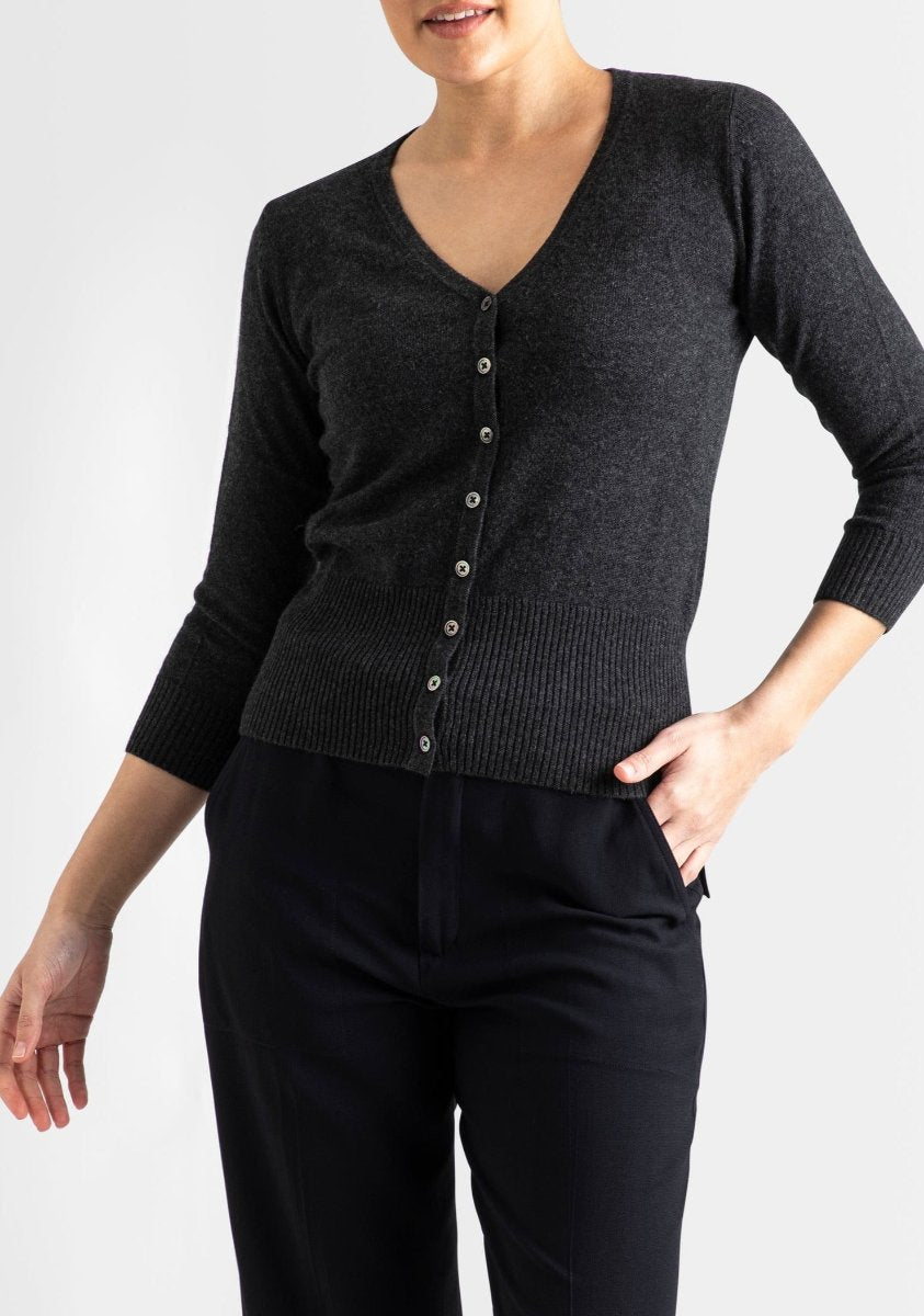 Sonya Hopkins 55% silk 45% cashmere v-neck cardigan in dark charcoal marle grey