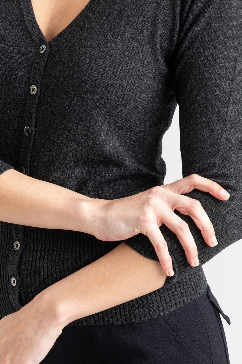 Sonya Hopkins 55% silk 45% cashmere v-neck cardigan in dark charcoal marle grey