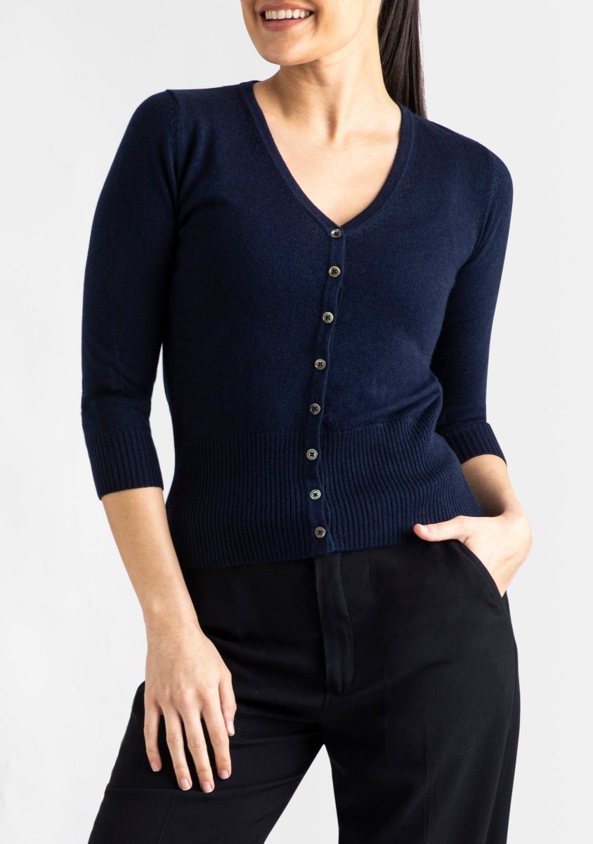 Sonya Hopkins 55% silk 45% cashmere v-neck cardigan in navy