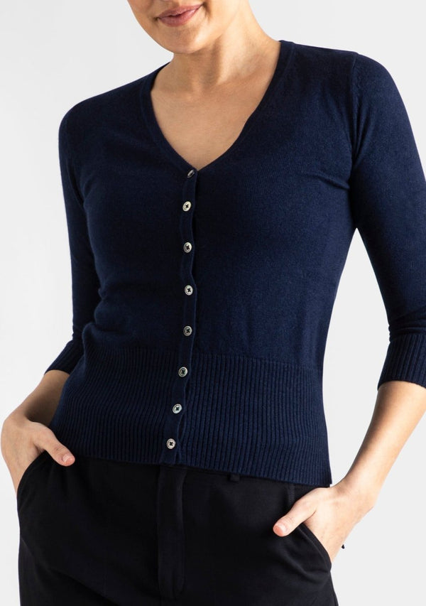 Sonya Hopkins 55% silk 45% cashmere v-neck cardigan in navy